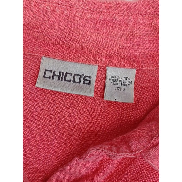 Chicos 100% Linen Button Up Top Tunic Sz 0 (Small) Red Roll Tab Sleeves - Picture 6 of 7